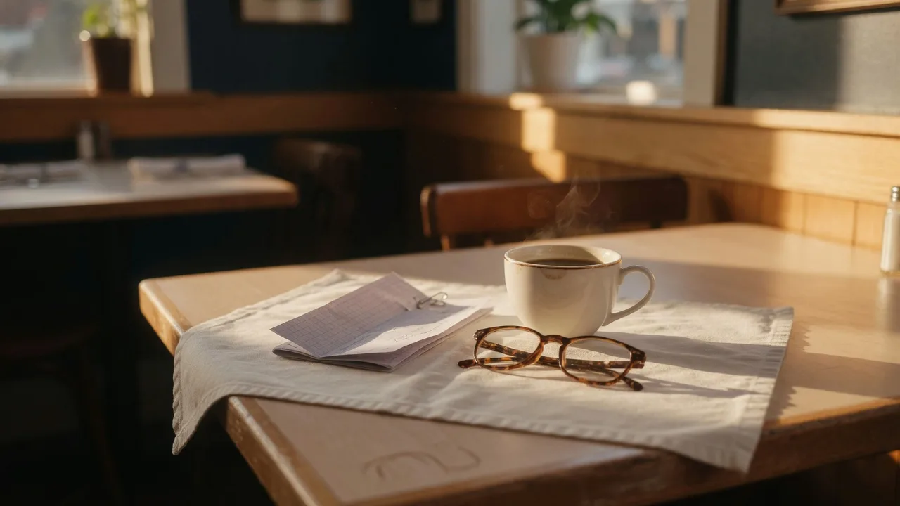 A restaurant table set for a late-morning meal, folded check and coffee by the window