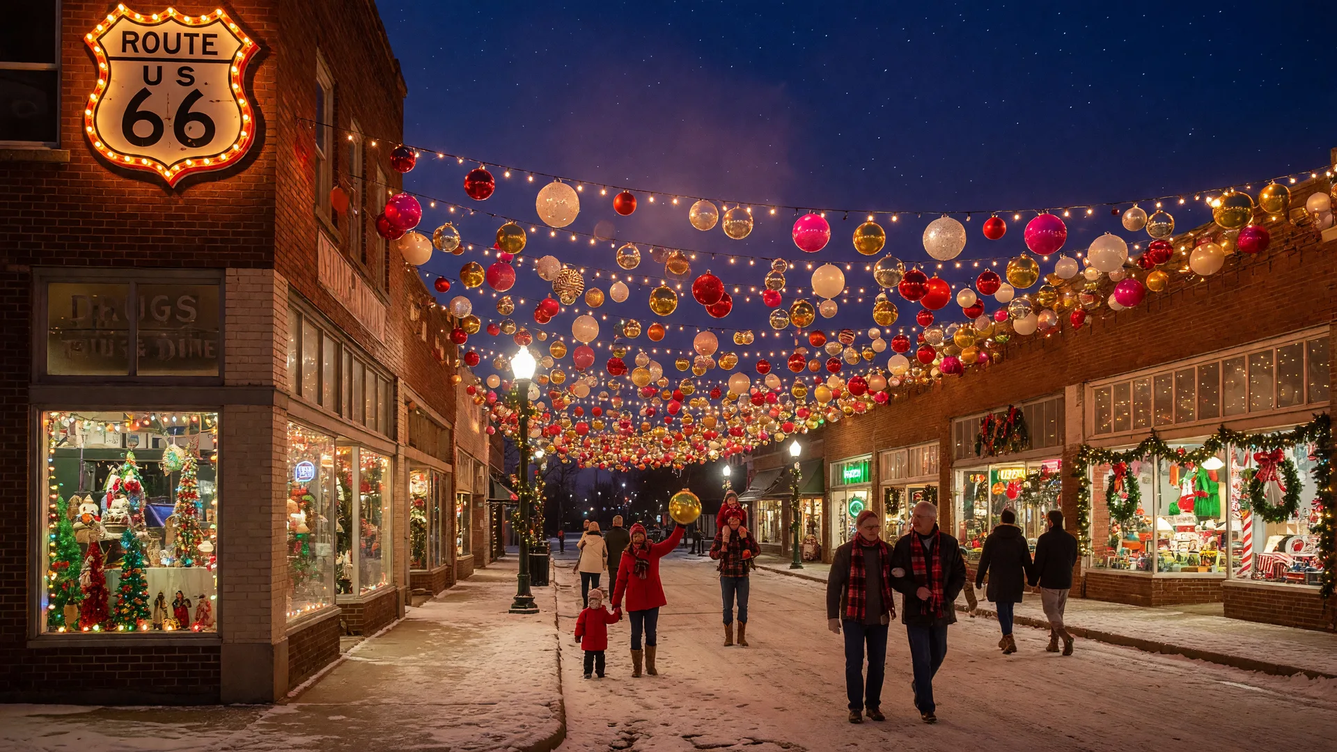 Downtown Sapulpa's Route 66 Christmas Chute at night with overhead canopies of glowing ornaments and lights along Dewey Avenue