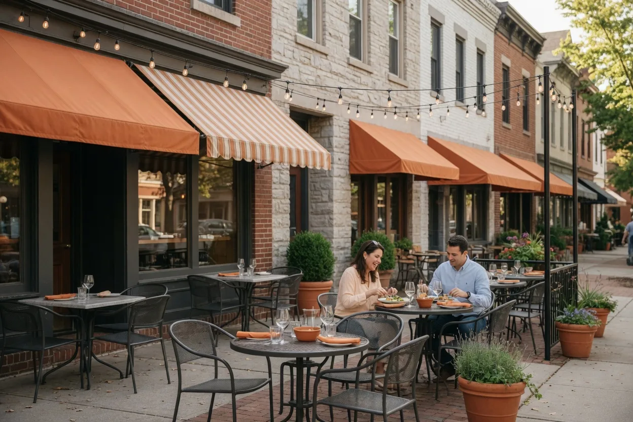 An outdoor patio at a restaurant in downtown Silver Spring in soft daylight