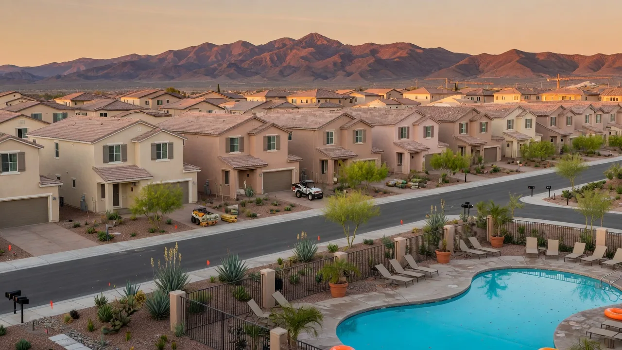 New construction stucco homes with desert landscaping and a community pool in an Enterprise master-planned neighborhood with the McCullough mountain range in the background