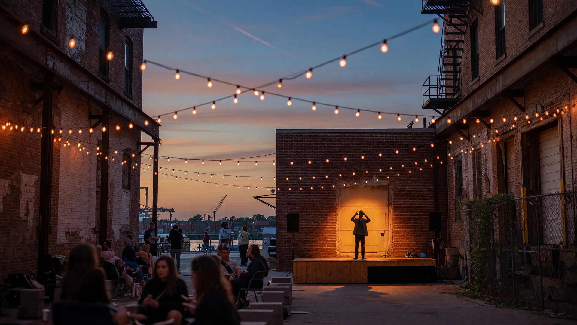 An early-evening performing-arts festival in Philadelphia: a brick warehouse courtyard glowing with string lights near the waterfront, a small stage with a distant silhouetted performer, and festival-goers as soft-focus figures under a dusky September sky