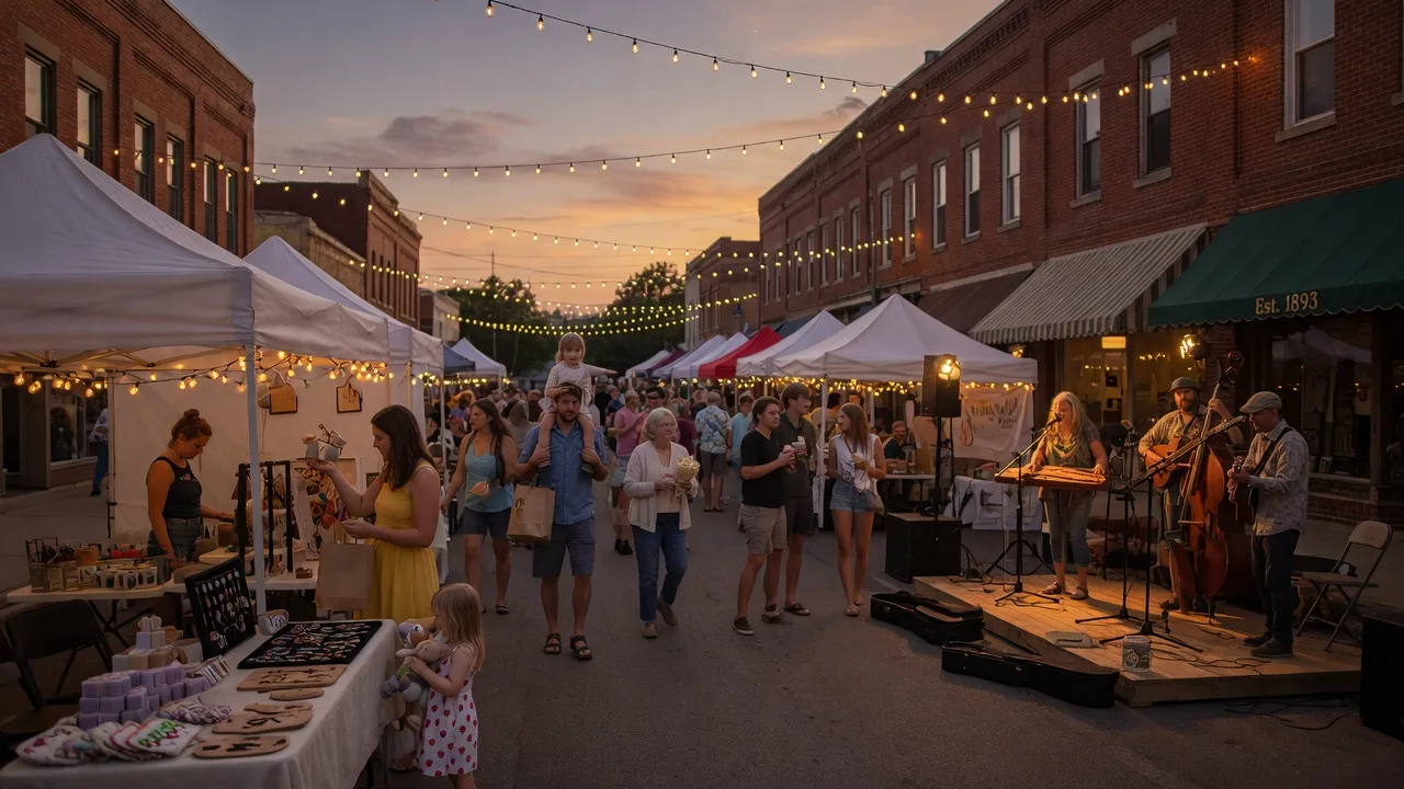 A summer evening street festival in downtown Hartwell with string lights, craft tents, and a folk music stage