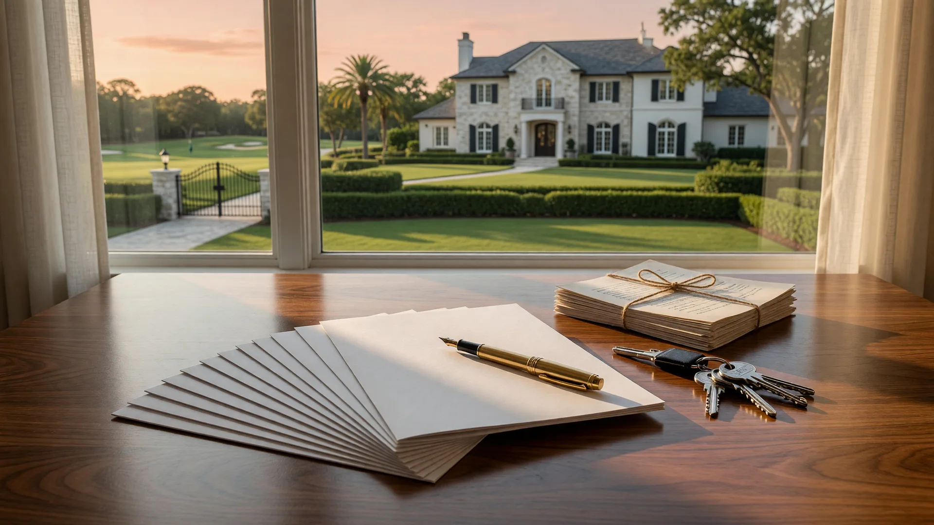 A real estate contract with a fountain pen and house keys on a walnut desk, with a luxury estate home blurred through the window