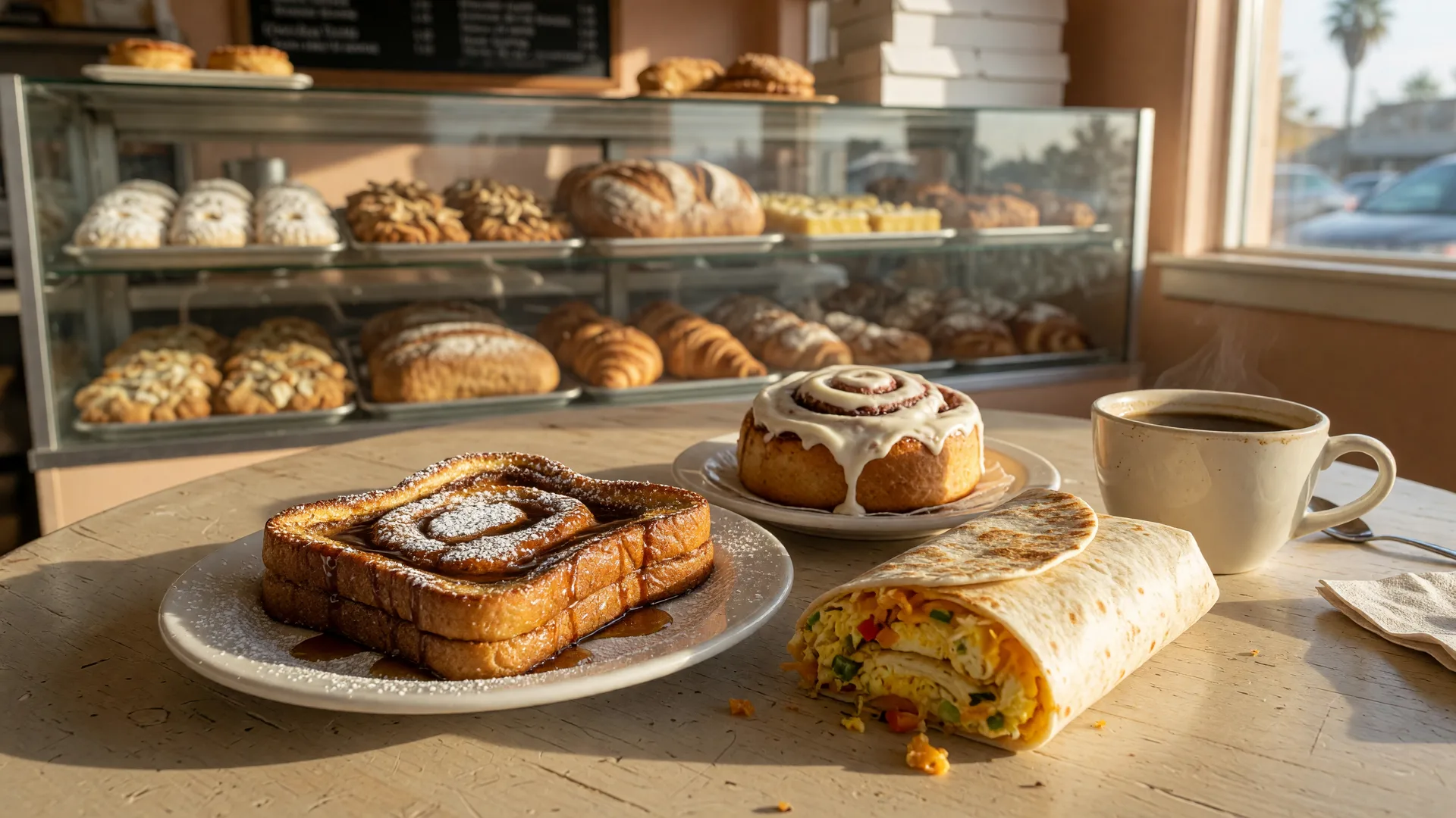 A warm Saturday-morning breakfast table at a family-run bakery and cafe in Merced with a plate of golden cinnamon swirl French toast dusted with powdered sugar and syrup, a folded egg-and-cheese breakfast burrito, a fresh-baked cinnamon roll, and a cup of drip coffee on a worn wooden table, with glass bakery cases of pastries softly blurred in the background