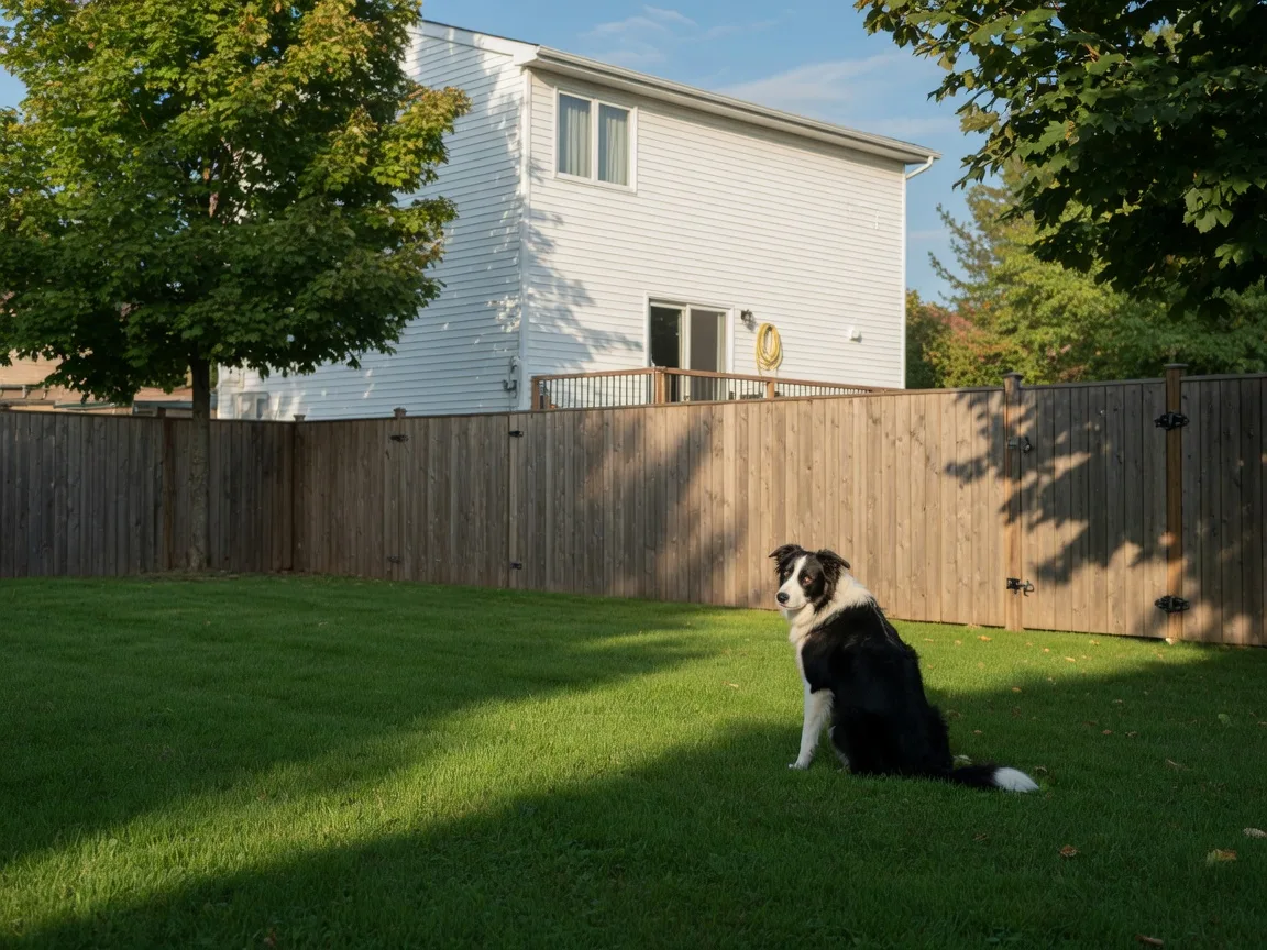 A fenced backyard with a dog by the fence, the kind of yard dog owners look for