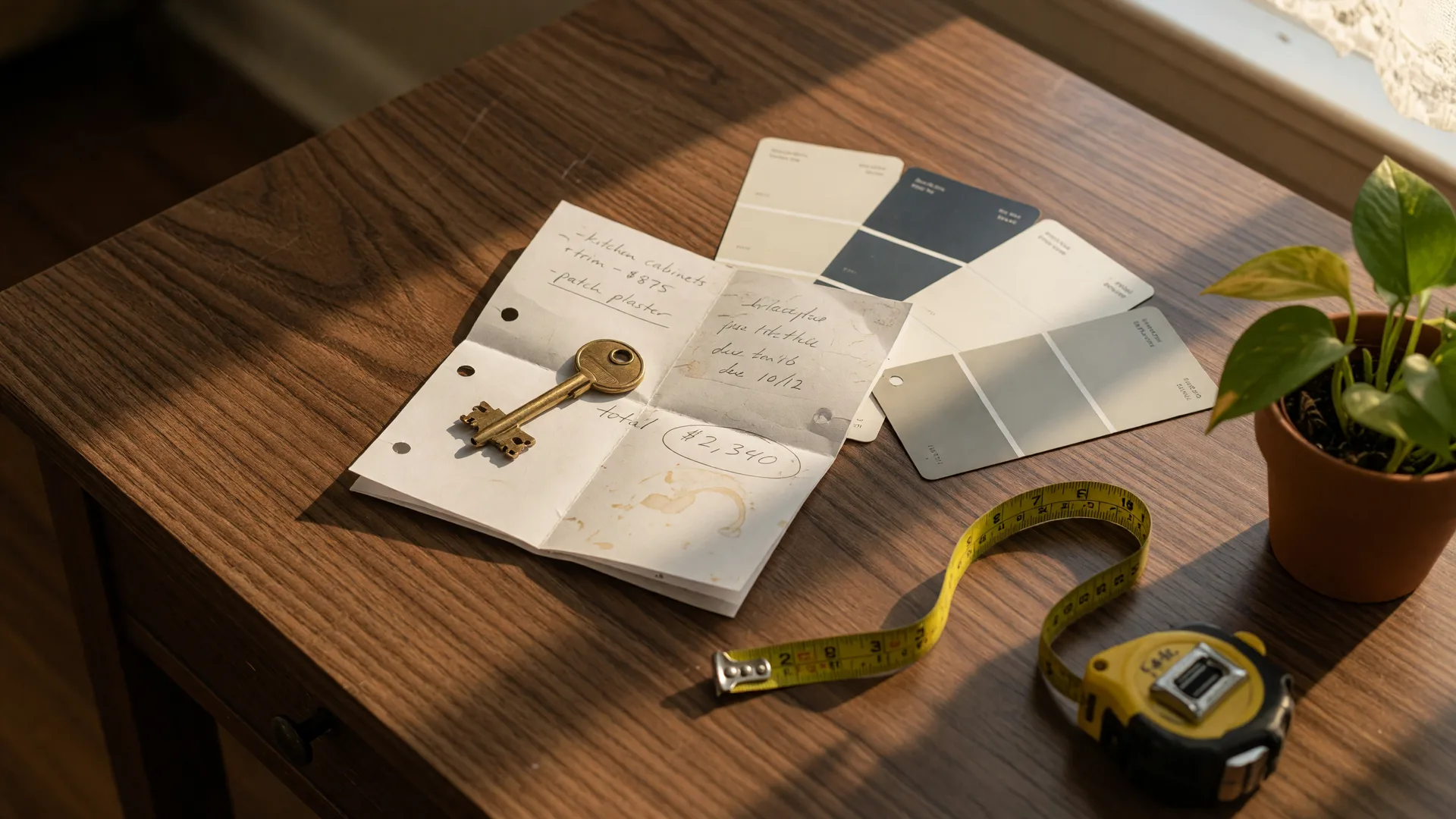 A brass house key, paint color swatches, a folded repair estimate, and a tape measure on a dark walnut desk in warm afternoon light