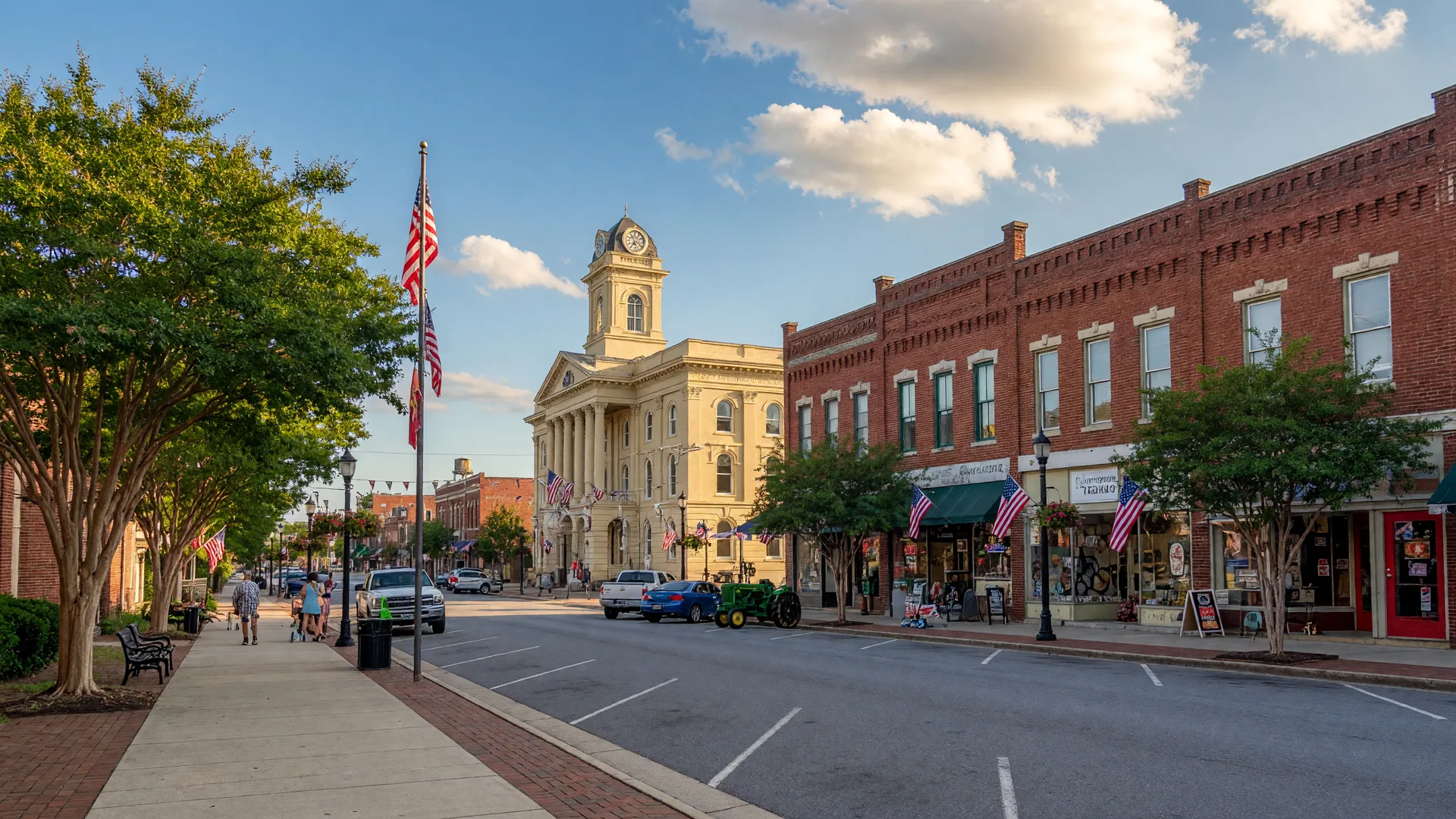 Historic downtown Clayton, North Carolina with brick buildings, local shops, and the Johnston County courthouse on a sunny afternoon