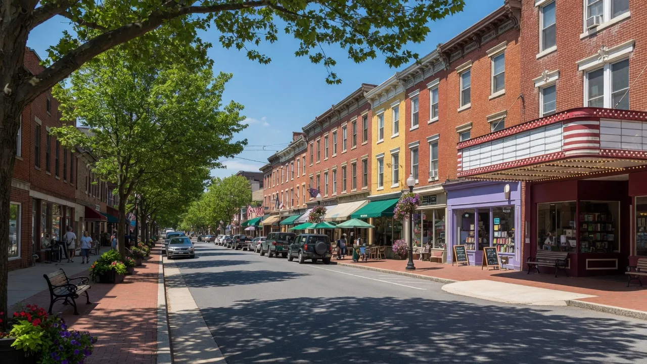 Historic Newtown downtown State Street scene on a sunny day