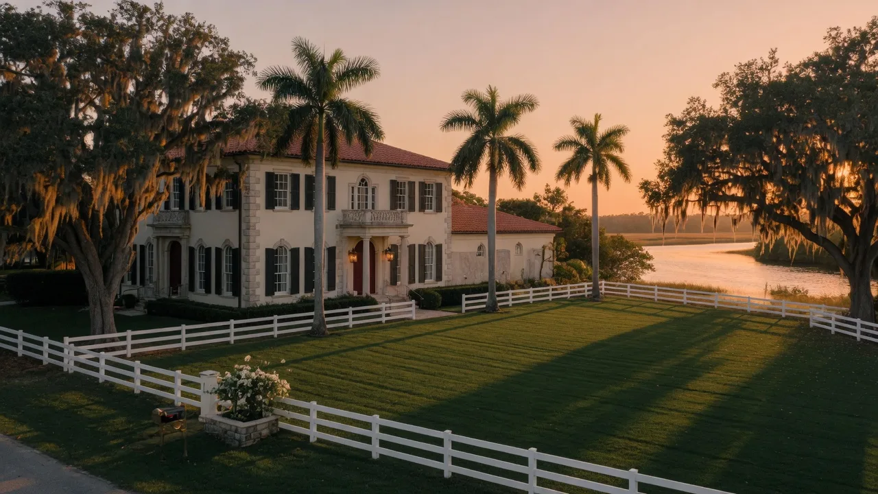 A cream-and-stone water's edge estate with white three-rail fencing on a deep green lawn at golden hour