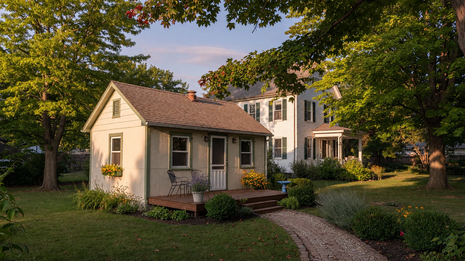 A small detached backyard cottage, or accessory dwelling unit, with a gabled roof beside a tidy garden path in a leafy Montclair-style neighborhood