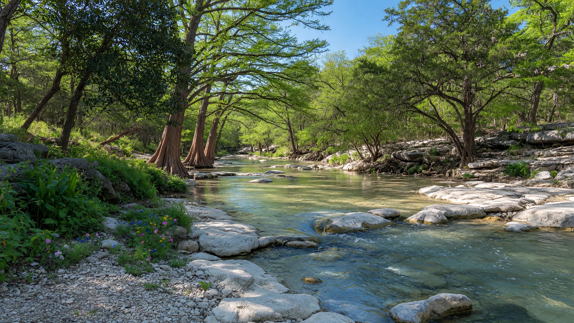Crystal-clear Hill Country creek water beneath cypress trees under a bright blue sky