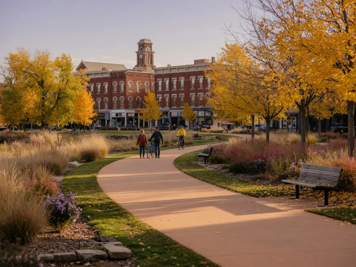 Coal Creek Trail in Louisville Colorado with walkers and cyclists and historic downtown buildings