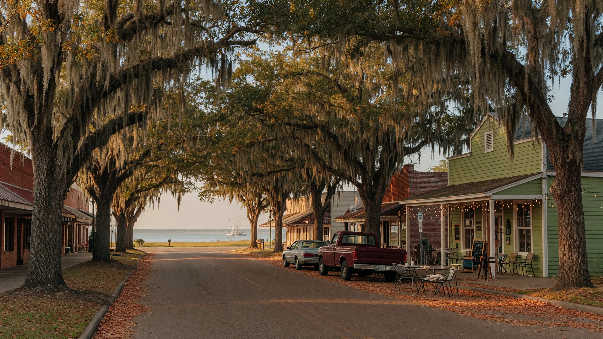 A charming Mississippi Gulf Coast main street in October, with live oaks draped in Spanish moss arching over the road and golden afternoon light on a quiet café