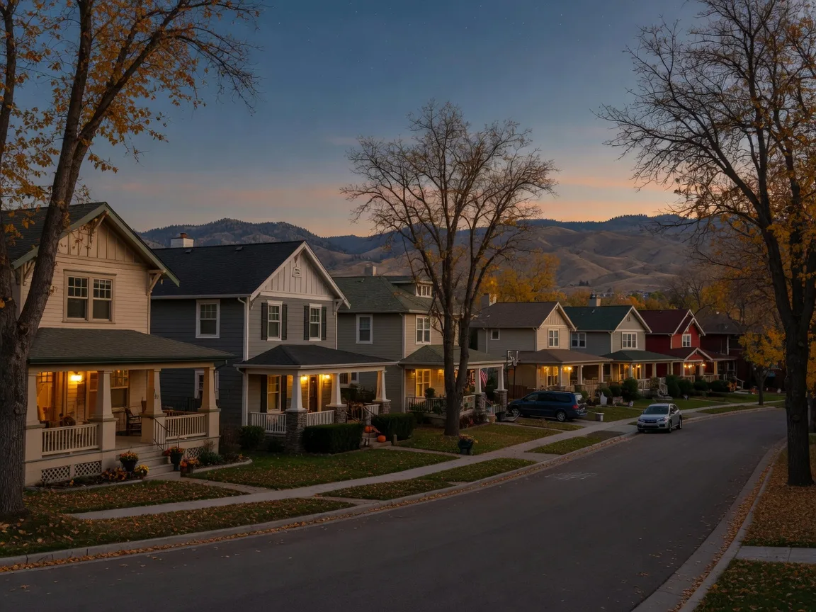 A quiet, tree-lined foothills neighborhood street in Boise, Idaho, at dusk with warm porch lights and the front range beyond