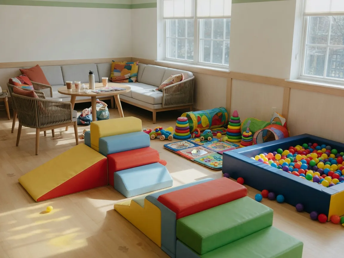 Inside Scramble Indoor Play in Alexandria, VA with colorful climbing foam blocks, a ball pit, a toddler play zone, and comfortable parent seating in soft natural window light