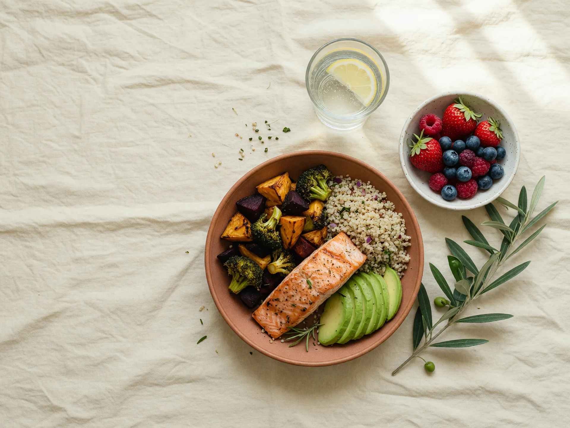 Balanced, nutritious meal on a linen tablecloth