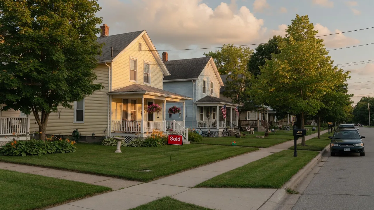 Quiet residential street in Huron County with a Sold sign in front of a charming home on a summer afternoon