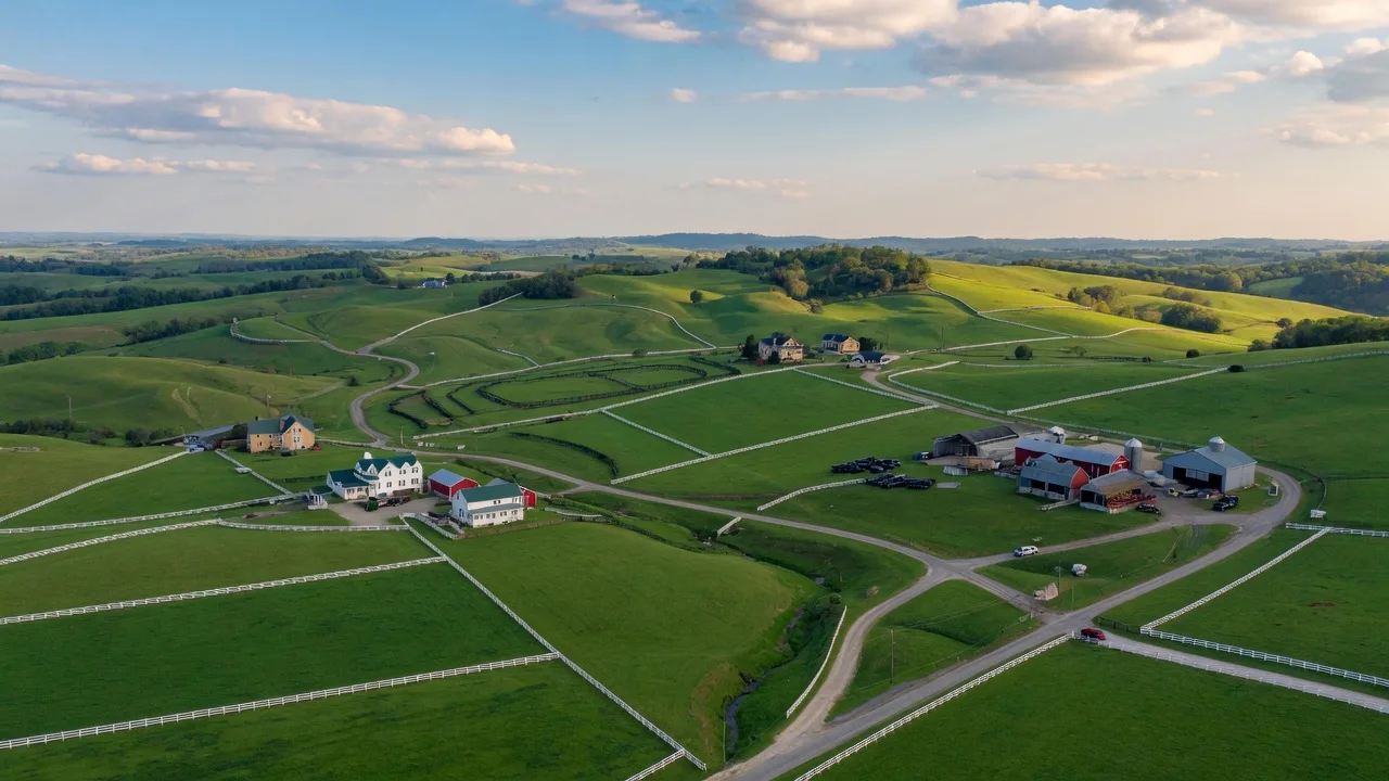 Aerial view of the Kentucky bluegrass region showing green pastures and rolling hills