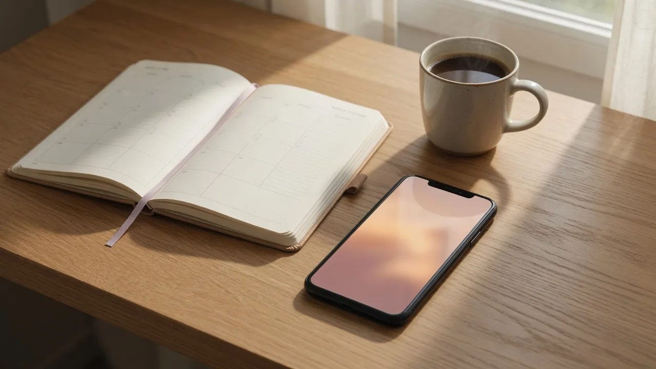 A modern smartphone on a warm oak desk beside an open paper planner and a ceramic coffee mug in soft morning light