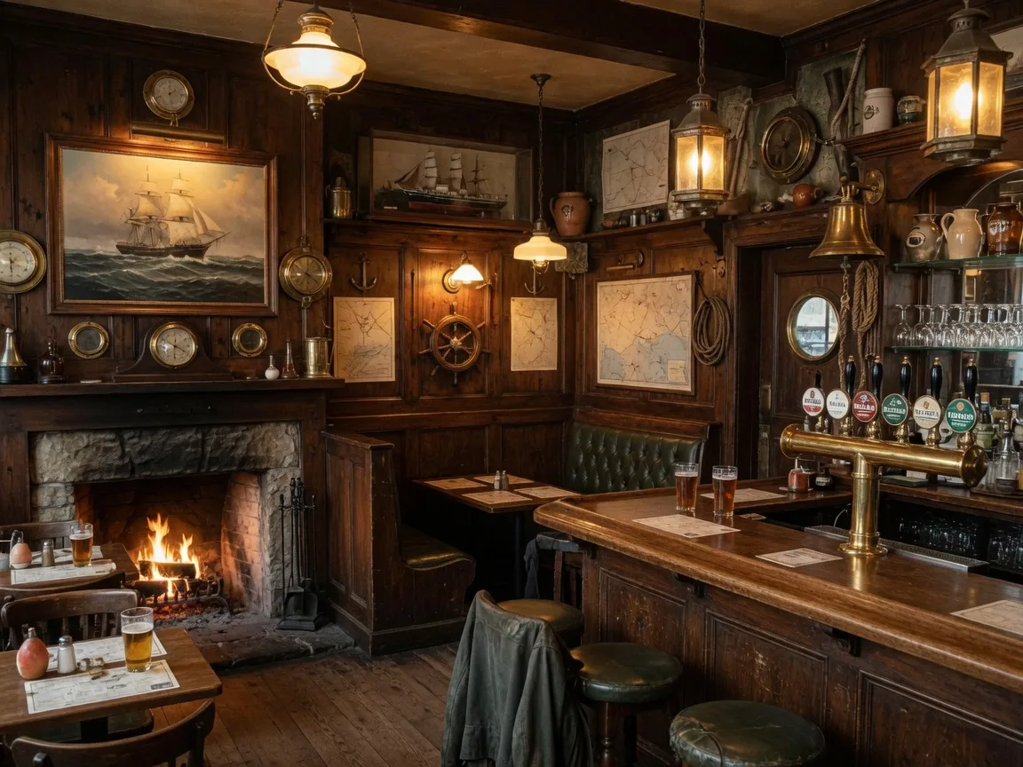 Warm traditional British pub interior at The Olde Ship in Fullerton, with rich dark wood paneling, brass fixtures, glowing fireplace, and long wooden bar with beer taps