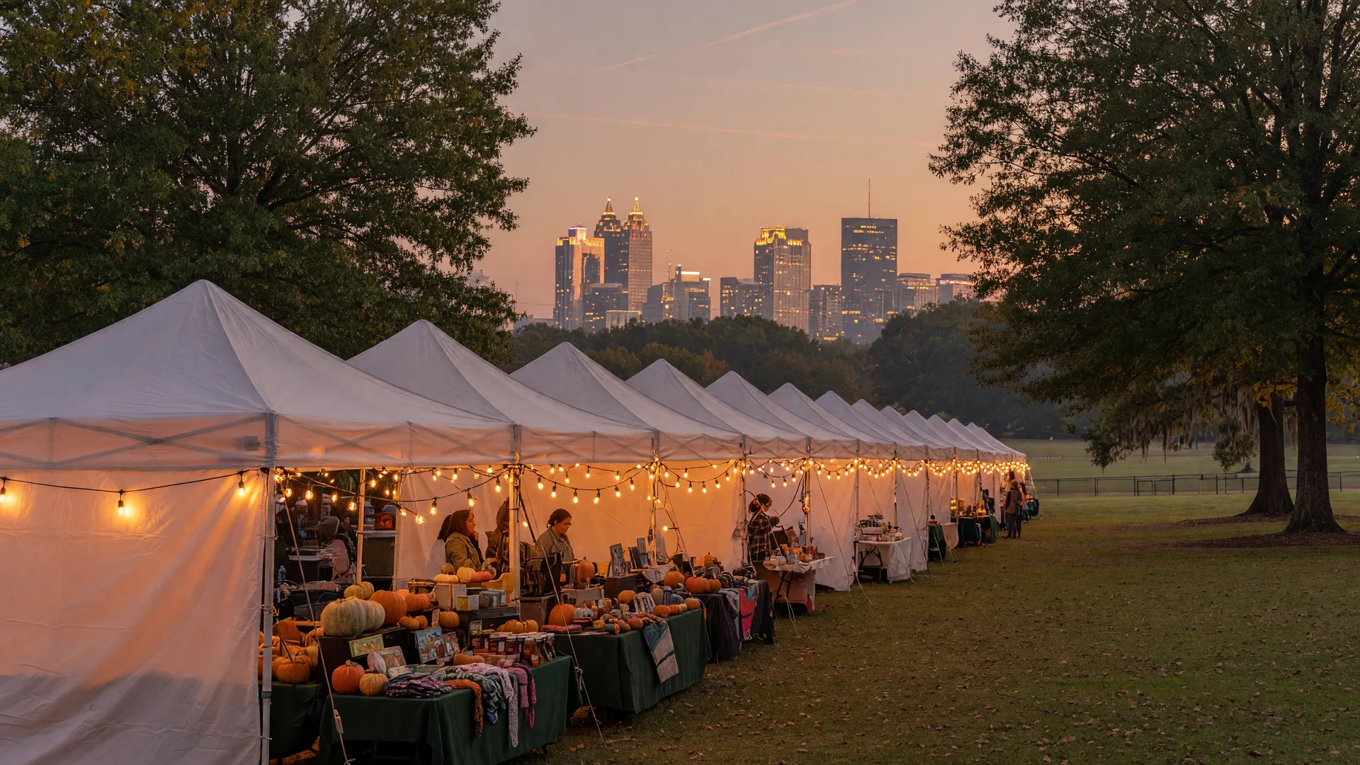 A late-summer festival evening in a Metro Atlanta park with white vendor tents, warm Edison string lights, and the Midtown skyline glowing in the distance