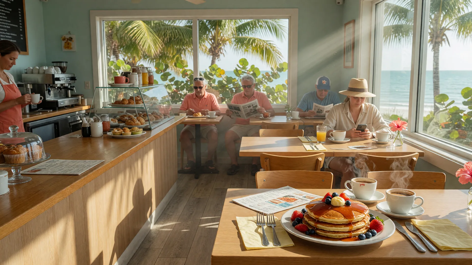 Bright and inviting breakfast cafe on Marco Island, Florida with light wood tables, plates of pancakes, and morning coastal light
