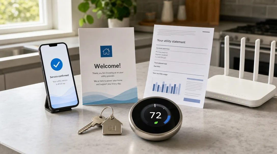 Utility setup checklist on a kitchen counter with phone, thermostat, router, and a PSE&G welcome letter