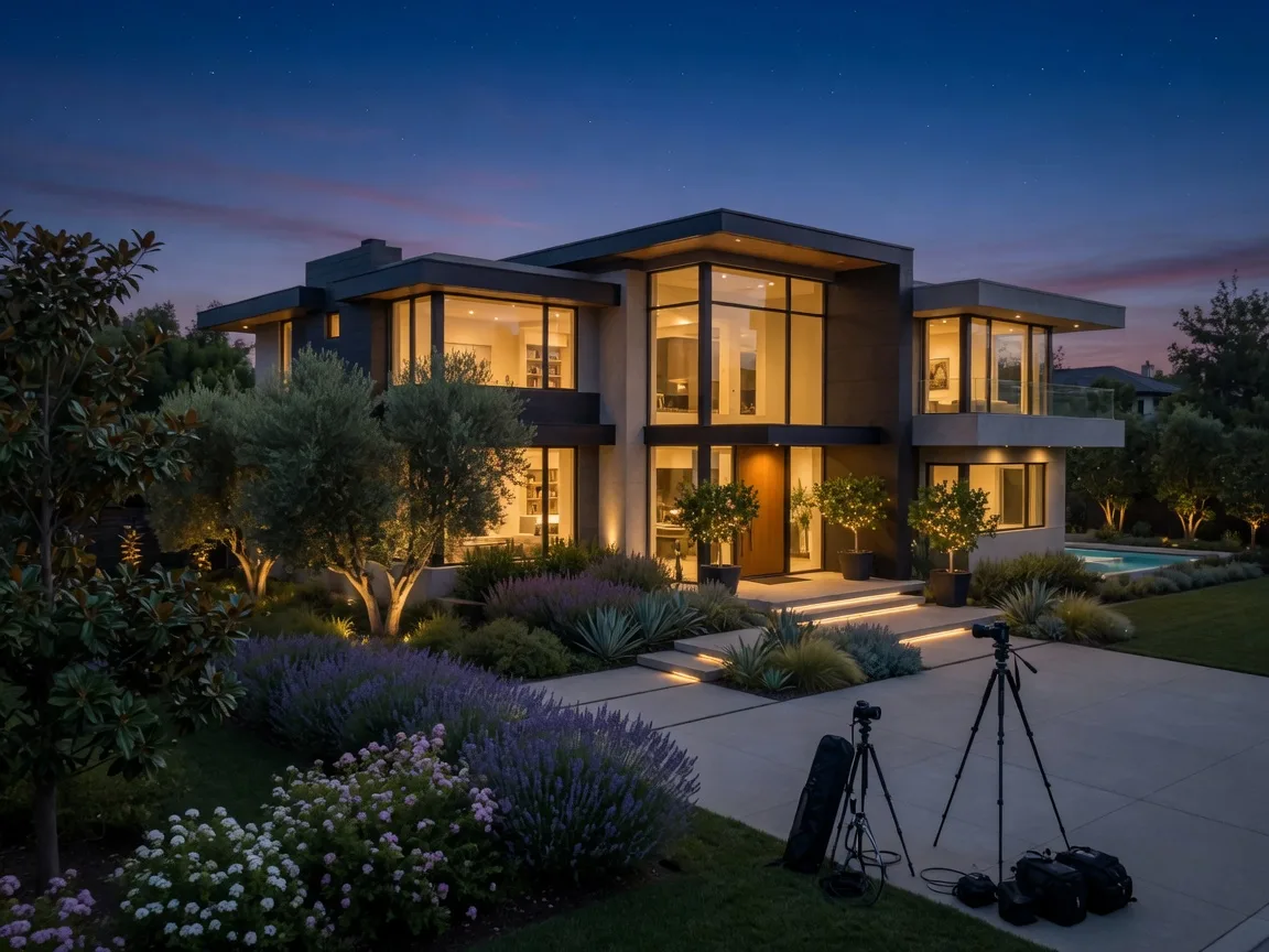 Twilight drone photography of a beautifully lit modern home with professional photography equipment