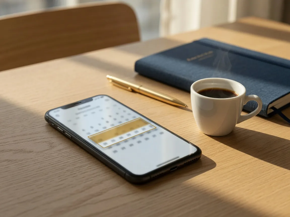 Smartphone on a desk with a calendar time slot glowing on screen beside a cup of coffee