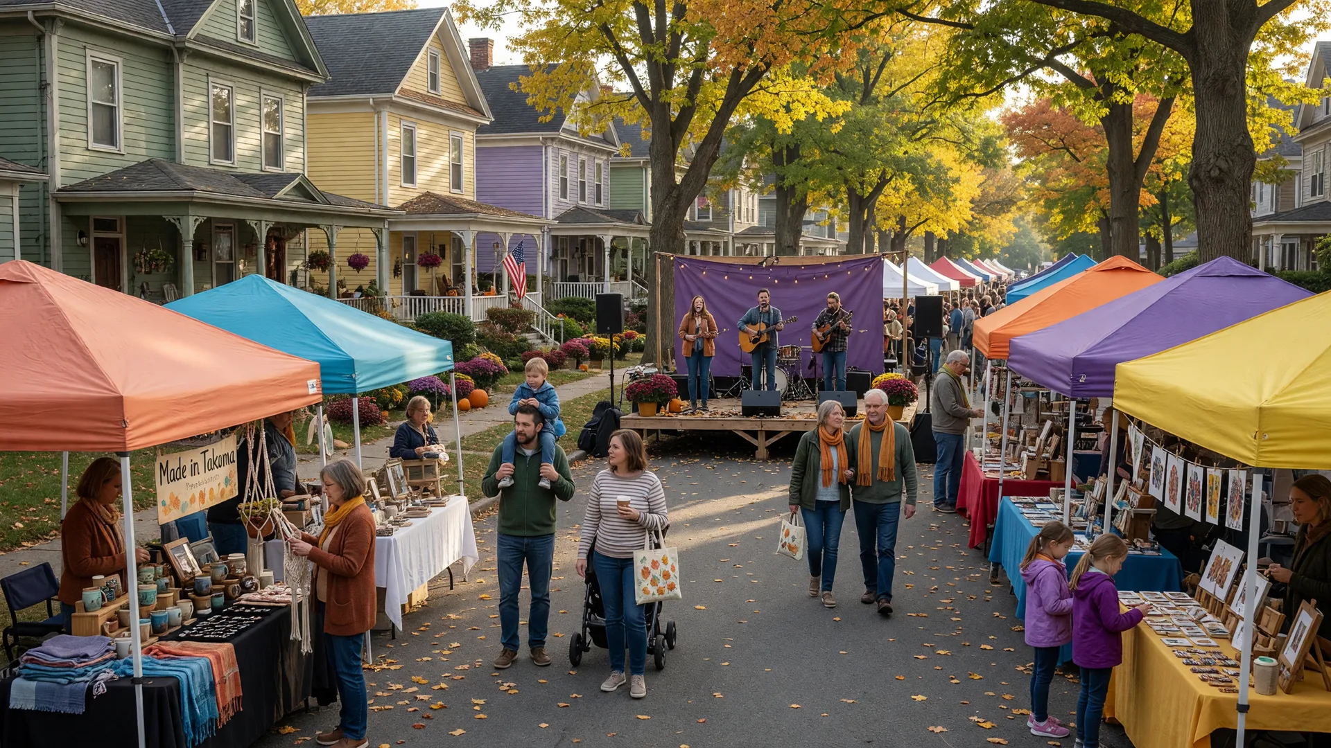 The Takoma Park Street Festival on Carroll Avenue on an October morning: vendor tents and craft booths beneath golden autumn trees, a live music stage in the distance, and Victorian porch houses lining the street in Takoma Park, Maryland and Takoma, DC