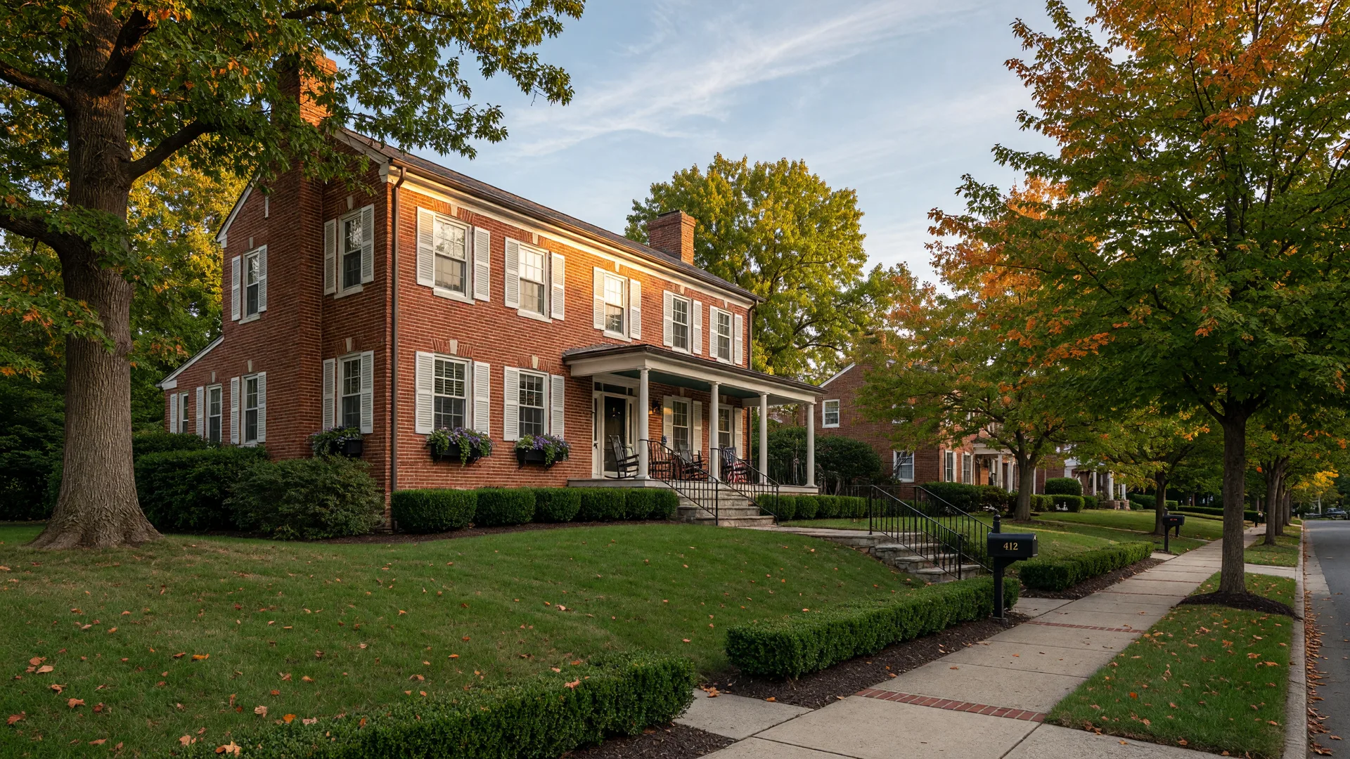 A well-maintained brick colonial home in a leafy Montgomery County suburb in warm afternoon light