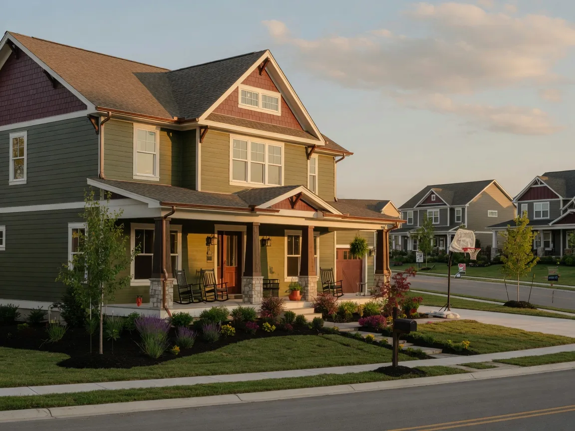 A newly built craftsman-style home in a residential development near Gladstone, Missouri with professional landscaping in warm golden light