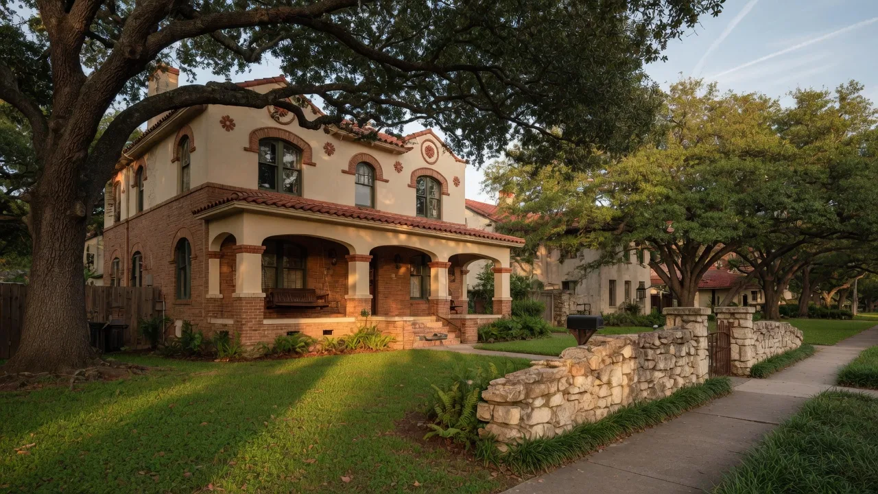 A 1930s brick and stucco home in Alamo Heights with arched windows, a deep front porch, and mature live oaks at late afternoon, the kind of classic house a home inspector in Alamo Heights, San Antonio is called to inspect
