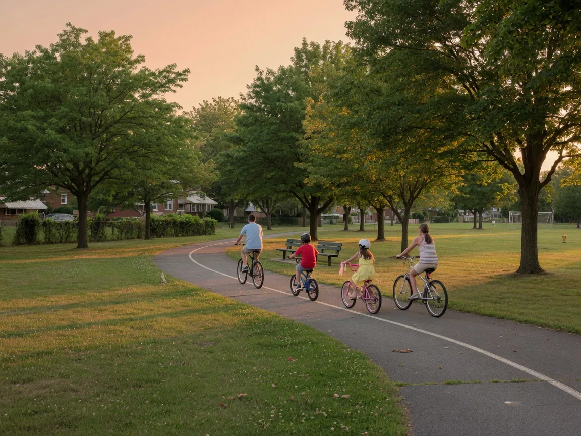 A quiet suburban park walking path in Abington Township under mature shade trees with a family riding bicycles in golden evening light