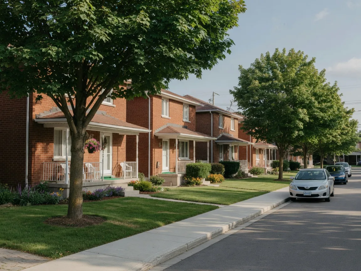 A quiet residential street in Welland on a bright morning, with neat brick homes, mature trees, and green lawns