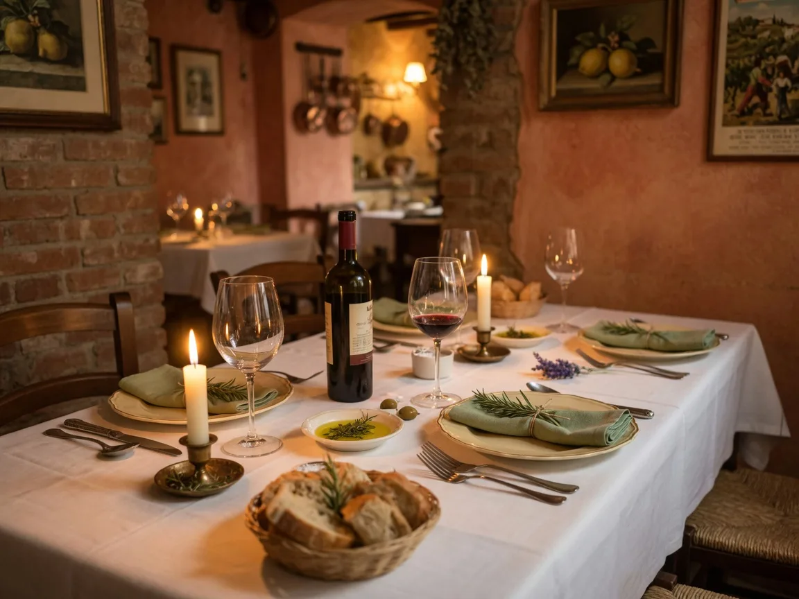 Elegant Italian dining table set with candlelight, wine glasses, and white tablecloth inside DeRomo's Restaurant in Bonita Springs