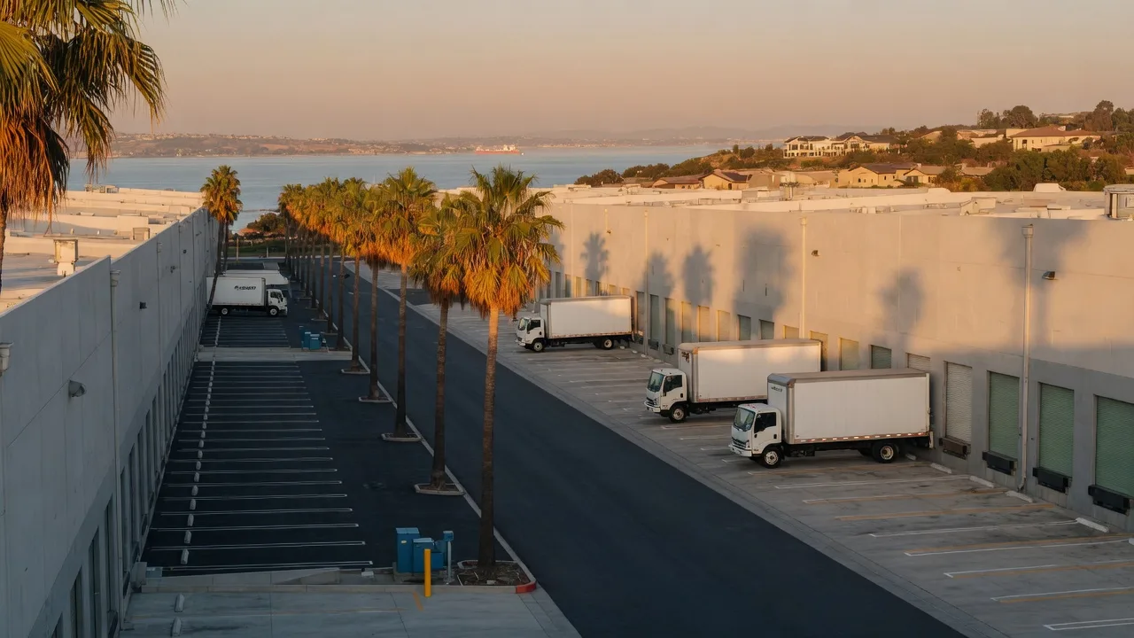 A modern San Diego industrial warehouse and distribution district at golden hour, with loading docks and delivery trucks along a palm-lined road