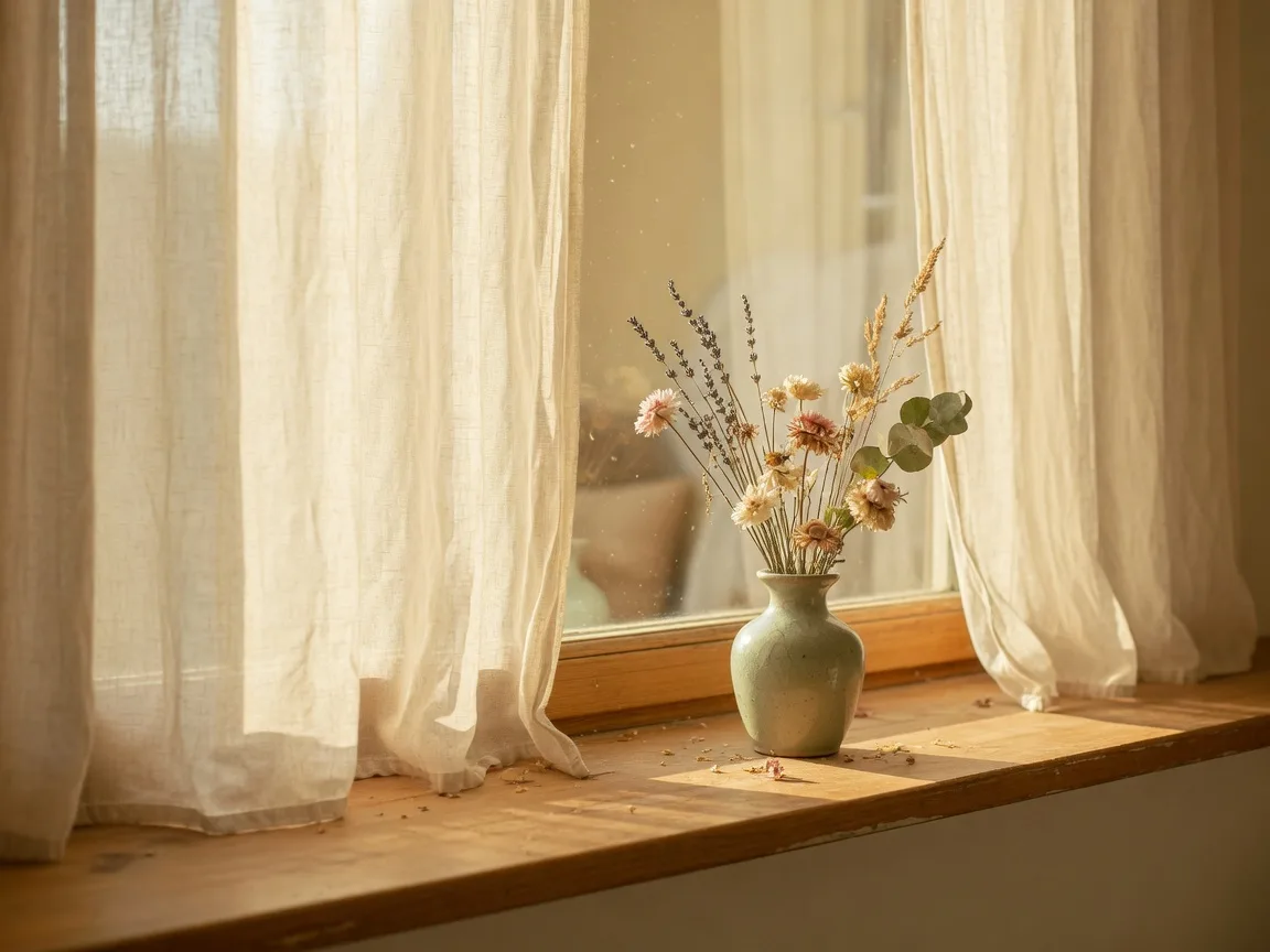 A bright window with sheer linen curtains and a ceramic vase on the sill