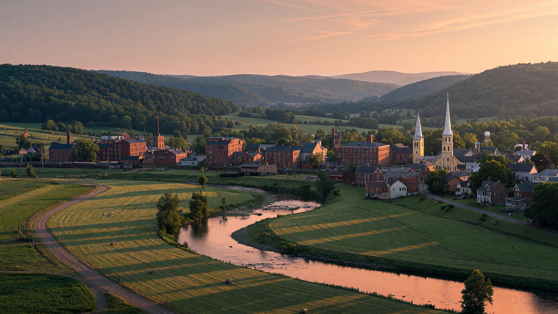 Rolling farmland, a winding river, and the small historic towns of the Lehigh Valley at golden hour