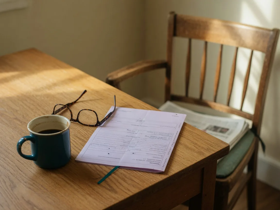 A desk in warm morning light with a coffee mug, reading glasses, and a folded lab form, a quiet scene for a men's health article