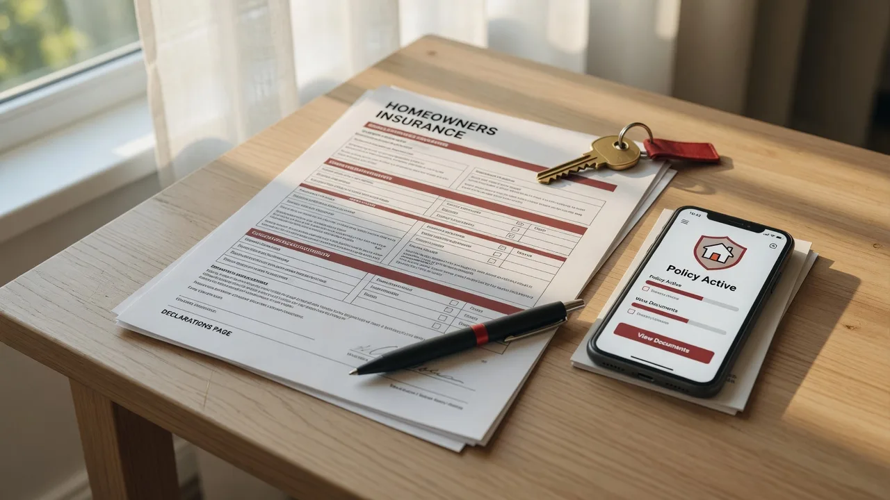 Homeowners insurance policy document with a brass house key, pen, and smartphone on a clean wooden desk