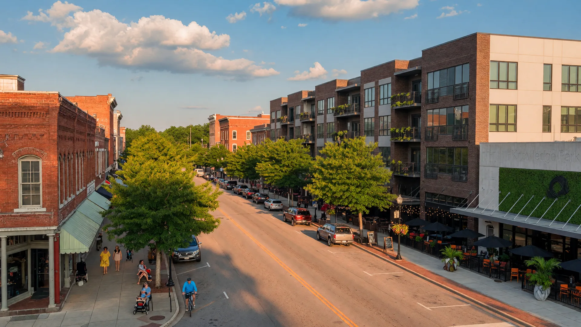 Historic downtown Rock Hill SC with brick storefronts, tree-lined Main Street, and classic Southern architecture