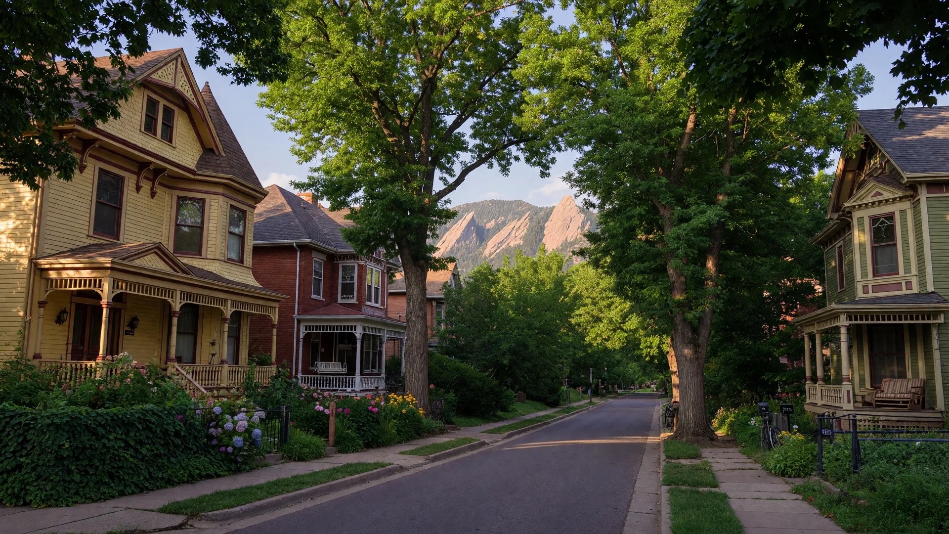 Grand Victorian homes on tree-lined Mapleton Hill street with Flatirons views