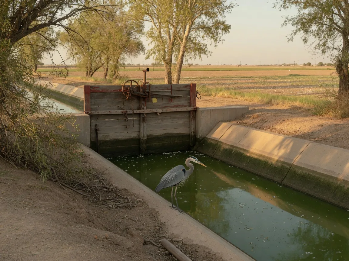 A concrete irrigation canal lined with cottonwoods in farmland west of Buckeye at golden hour