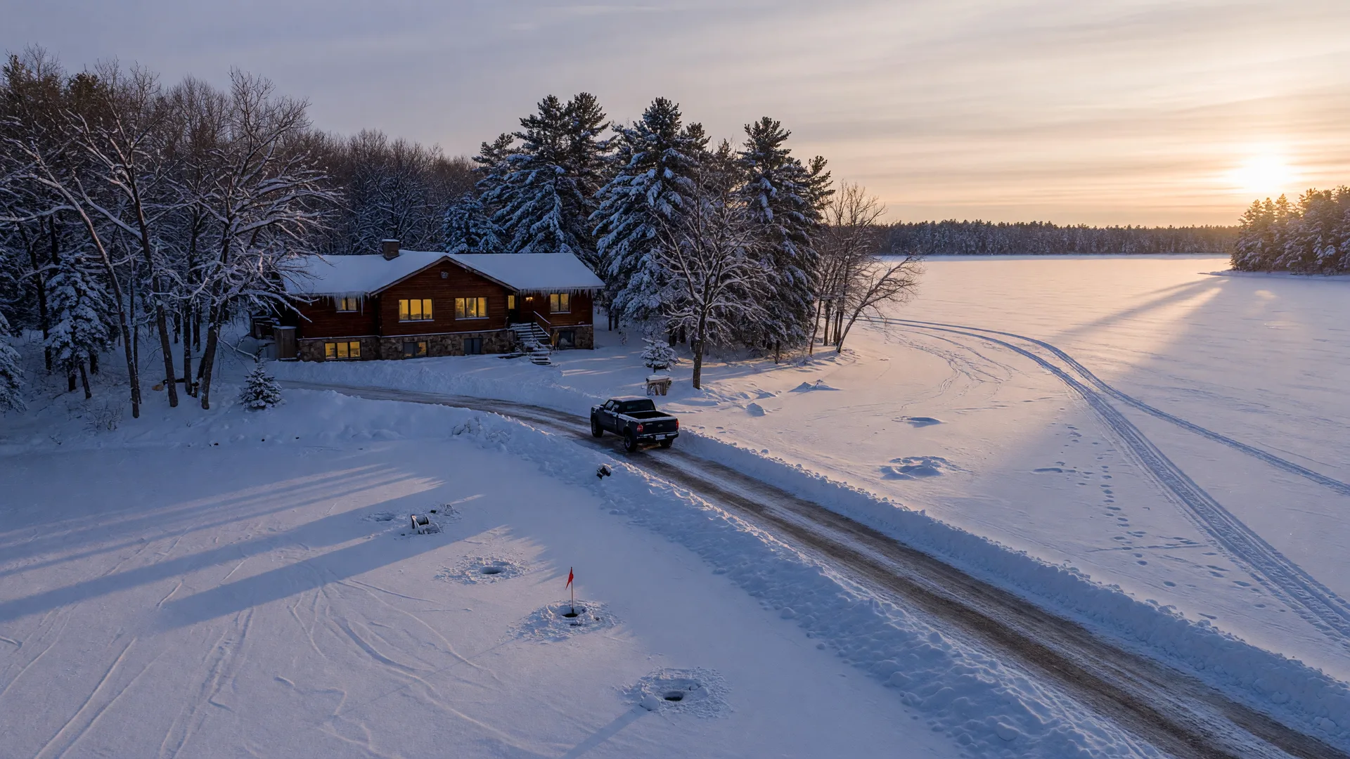 Minnesota lake home on a frozen lake in deep winter with snow-laden pines, warm light in the windows, ice fishing holes and a snowmobile track on the snow, low winter sun and long blue shadows
