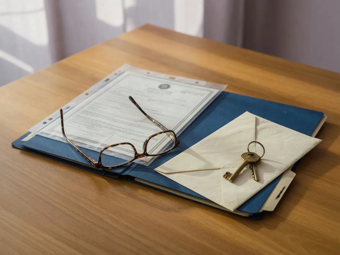 Estate-settlement documents, a house key, and a folder on a wooden table