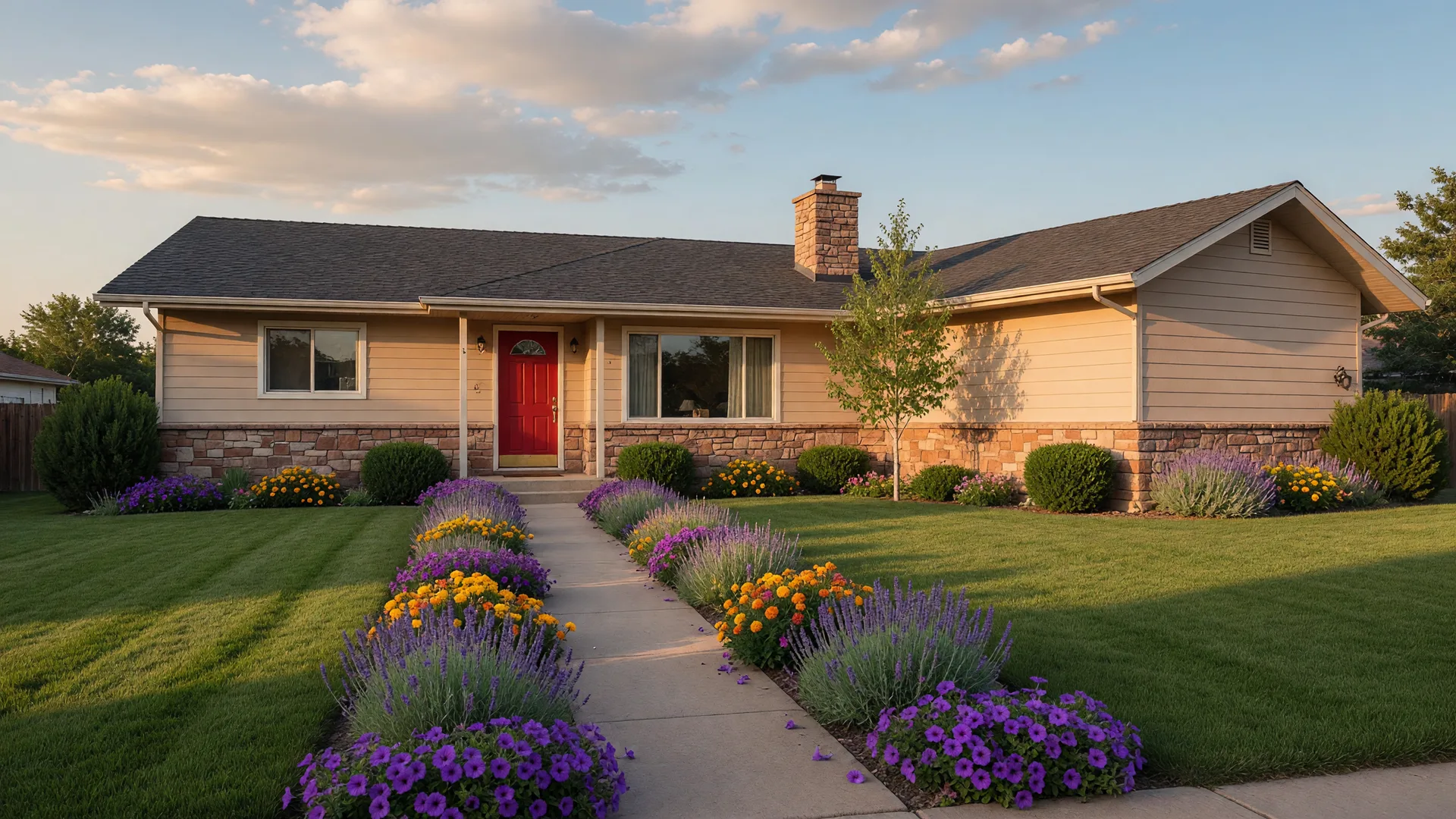 A modest Colorado Springs ranch home in warm late-afternoon light,flowers blooming along the walkway