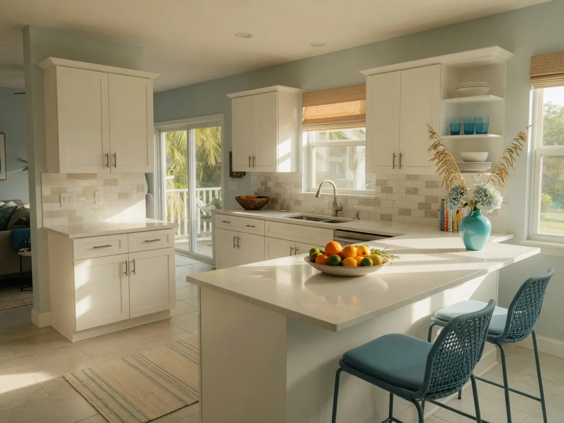 A bright move-in-ready Florida kitchen with white shaker cabinets, quartz countertops, and ocean-blue coastal accents in warm natural light