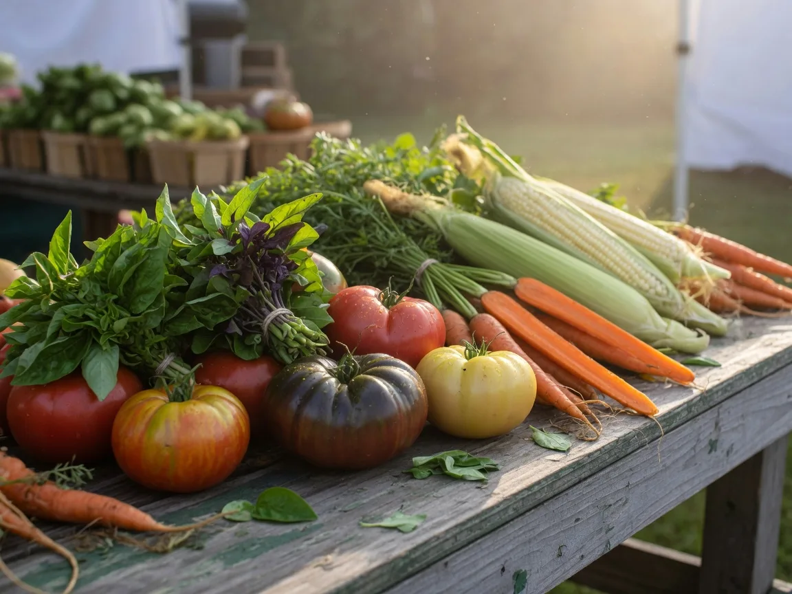 Fresh heirloom tomatoes, basil, carrots, and sweet corn displayed on a wooden farmstand at the Burlington County Farmers Market