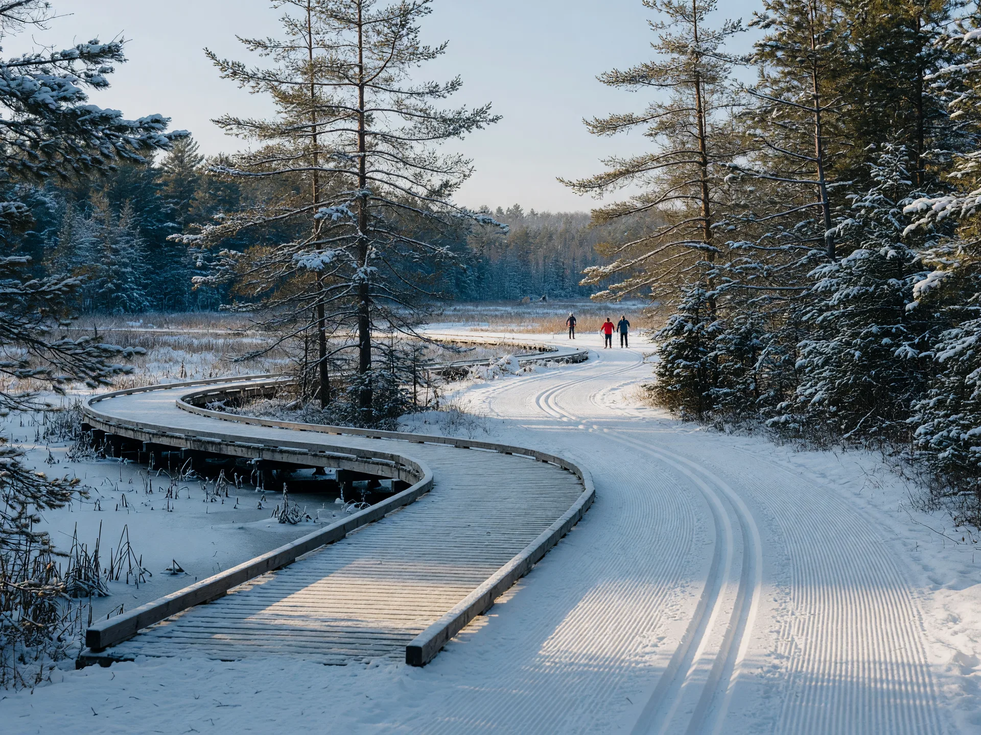 A groomed cross-country ski trail winding through the snowy Nonquon Wildlife Area north of Port Perry, with a boardwalk curving over the frozen marsh and ski tracks leading into the trees